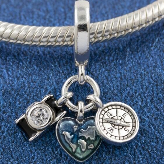 Clear S925 ALE Camera, Heart & Compass Triple Dangle Charm