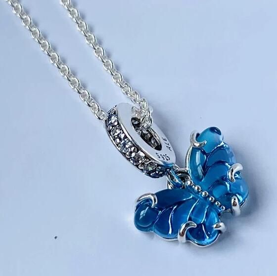Clear S925 ALE&Shining Screw Blue Butterfly Dangle Charm Necklaces