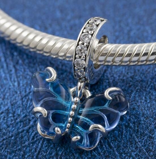 Clear Stamped&Shining Screw Blue Murano Glass Butterfly Dangle Charm