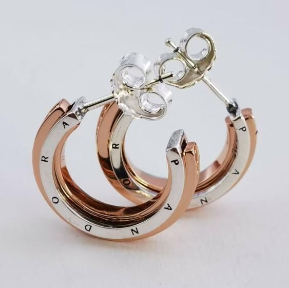 Neat Stamped Signature Two tone Logo & Pave Stud Earrings