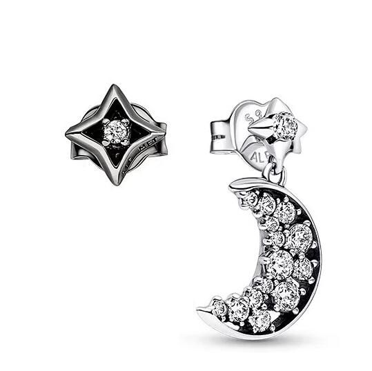 Neat Stamped Pave Moon&Star Stud Earrings